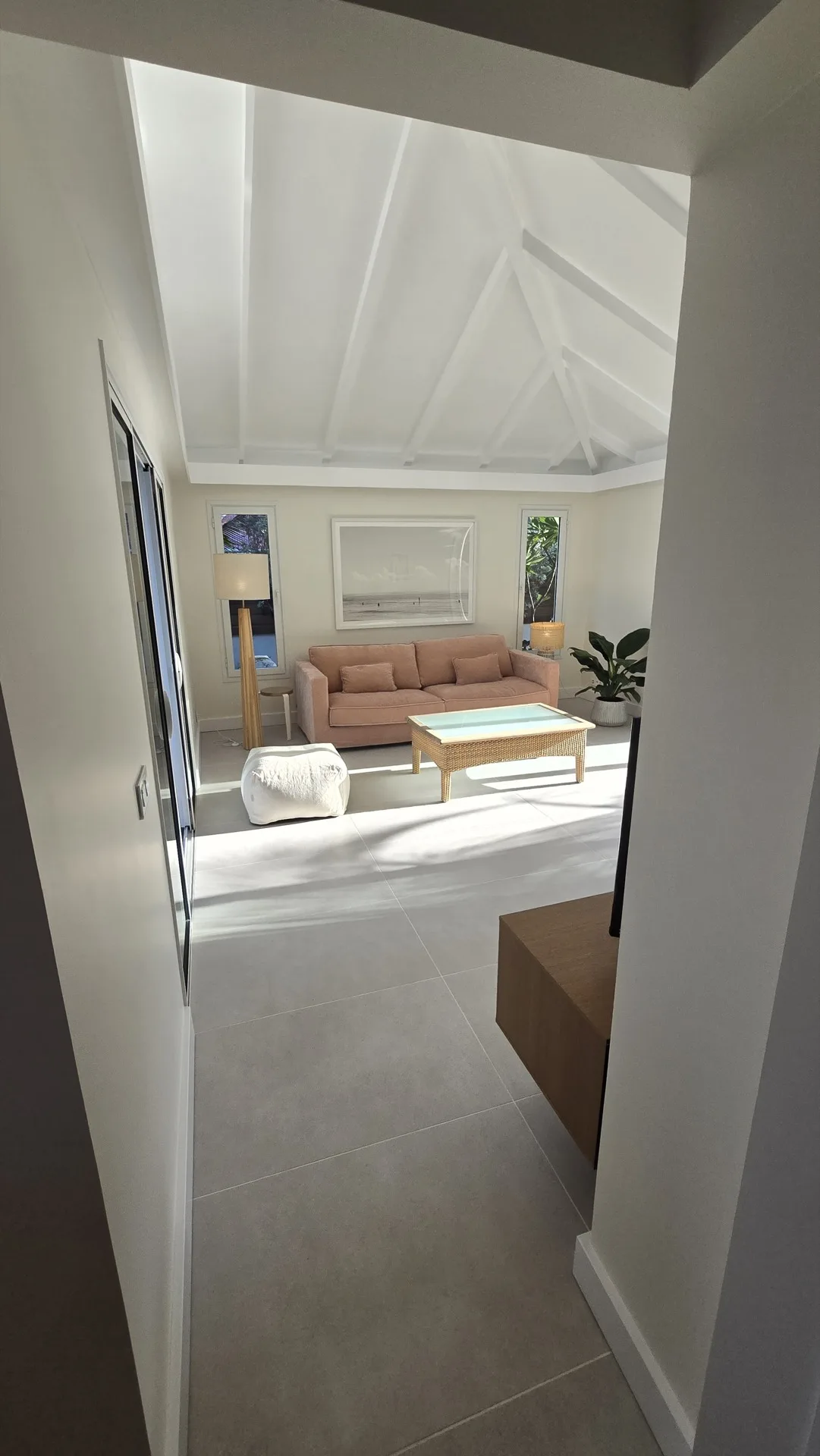 Luxury villa living room bespoke furniture installation — Caribbean residential project